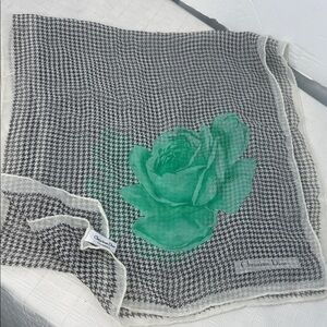 Vintage Christian Dior Houndstooth Scarf /wrap with Green Rose